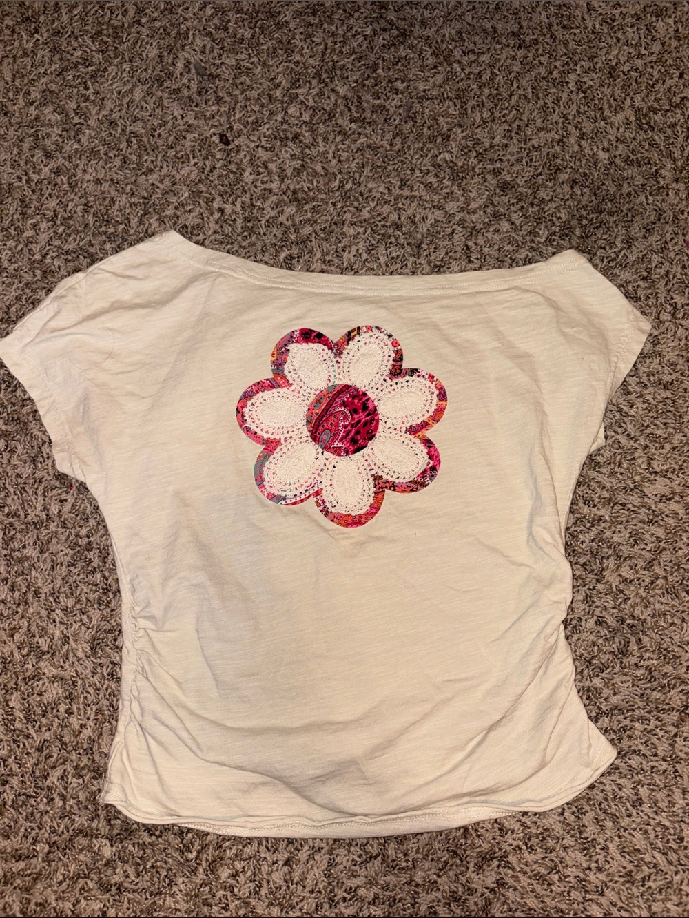 Beige Off the Shoulder Short Sleeve Tee with Pink Floral Applique